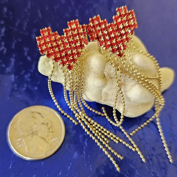 ❤️✨Push-Back Post RED STONES❤️✨HEART Dangling Tassel Earrings❤️✨ - Picture 5 of 11